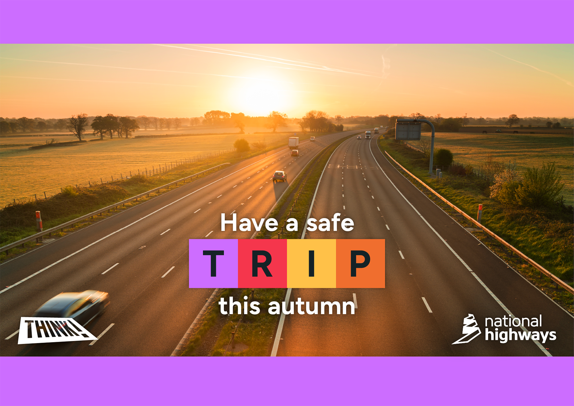 National Highways Have a safe TRIP this autumn graphic showing an A-road through countryside in autumnal light