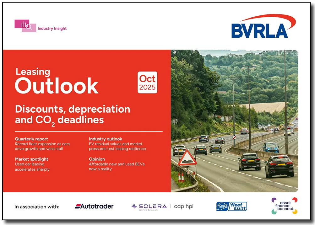 Front cover of BVRLA Leasing Outlook, dated October 2025, titled Discounts, depreciation and CO2 deadlines