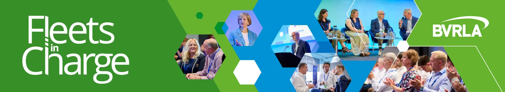 Graphic banner to promote the B V R L A's Fleets in Charge conference. The bold graphic features a bright green and blue theme, with images of speakers and networking from previous events
