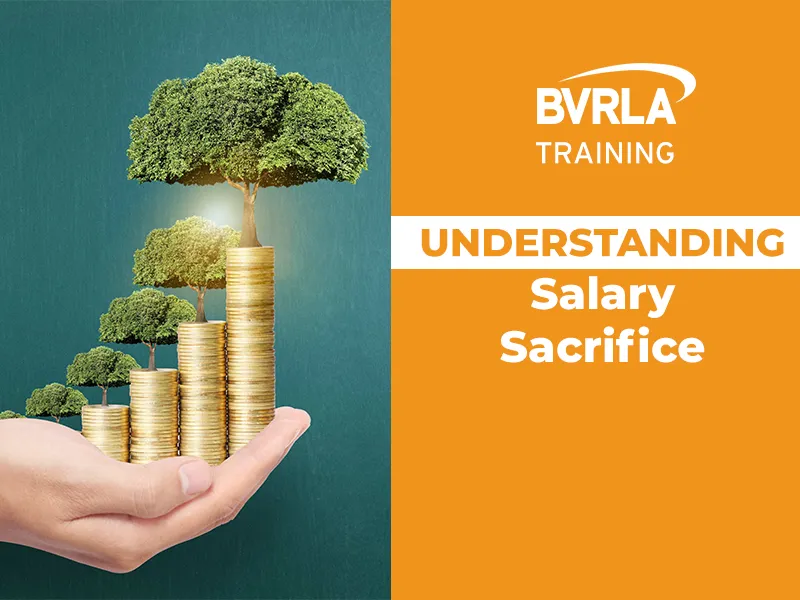 A tile to illustrate BVRLA Understanding Salary Sacrifice Training Course. Half the image is orange with wording, the other half shows a hand holding coins with mini trees growing from them