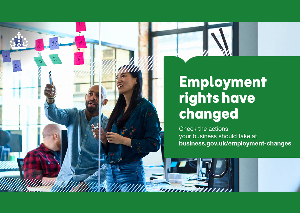 Two people in an office, green square on the right with wording Employment rights have changed