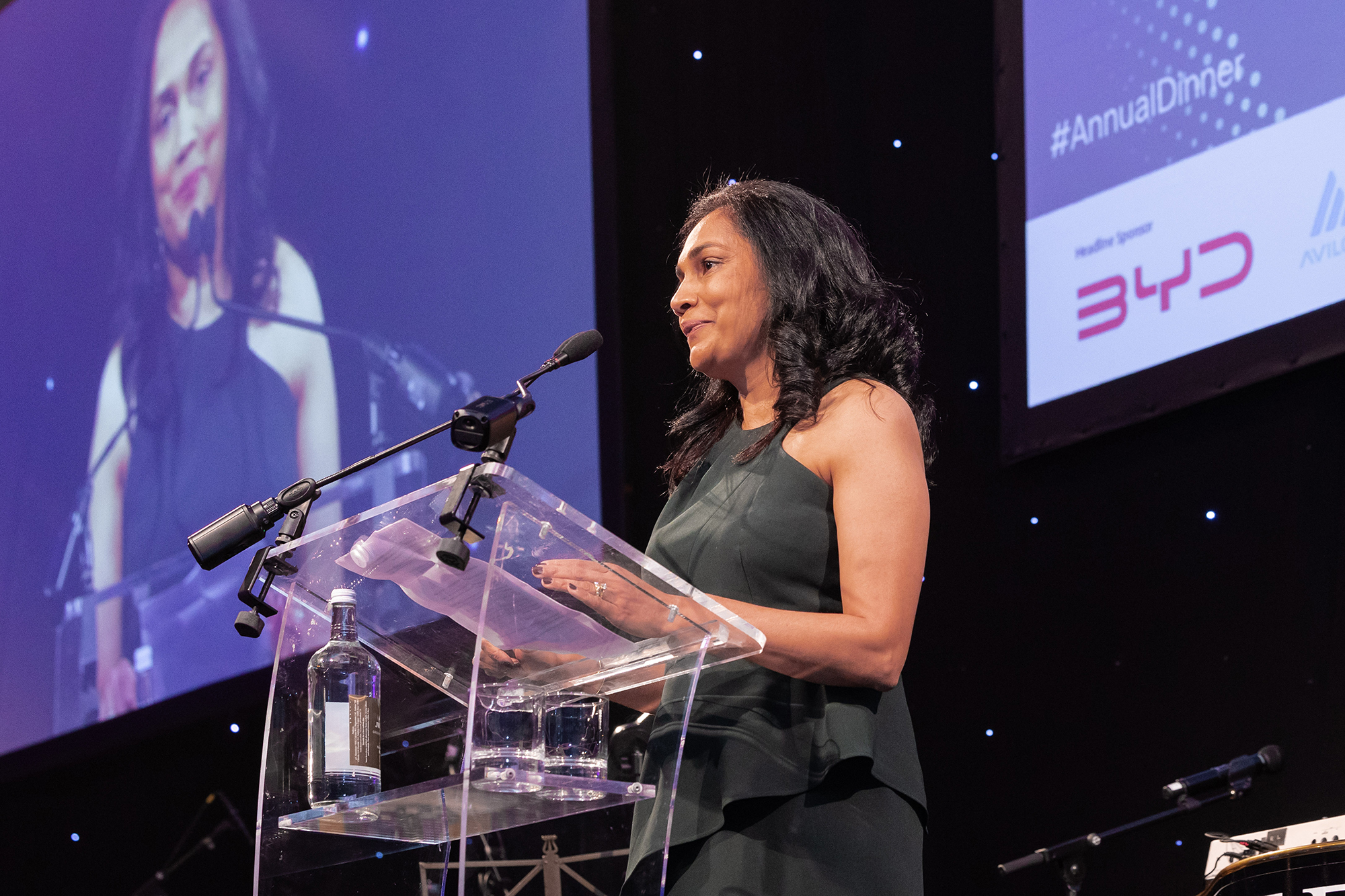 Lakshmi Moorthy, BVRLA Chair speaking at a lectern at the Annual Dinner 2026