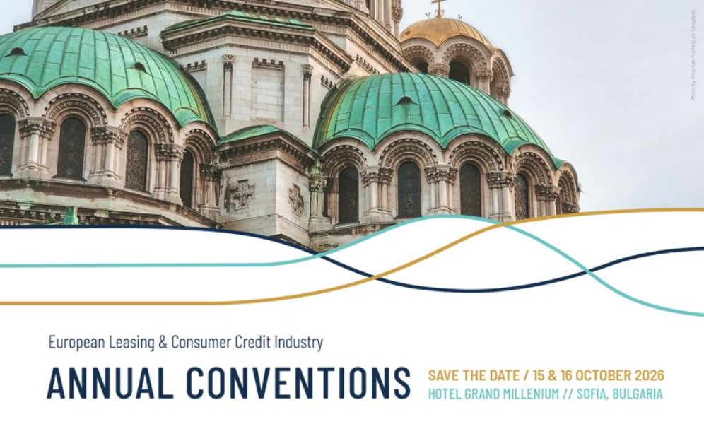 Promotional image for the Annual Conventions hosted by Leaseurope and Autofinanas. The image contains key details of the event in front of an image depicting an iconic building from Sofia, where the event is to be hosted