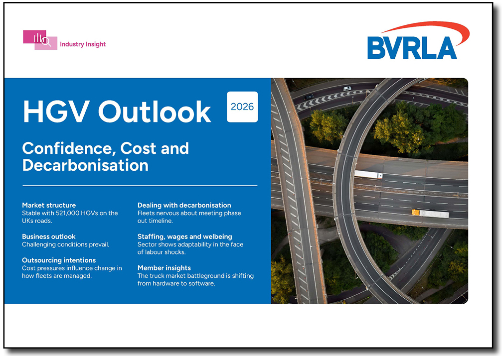 Front cover of the HGV Outlook report by the B V R L A. The white and blue cover has the title 'Confidence, Cost and Decarbonisation and includes an aerial image of two trucks on a large motorway junction