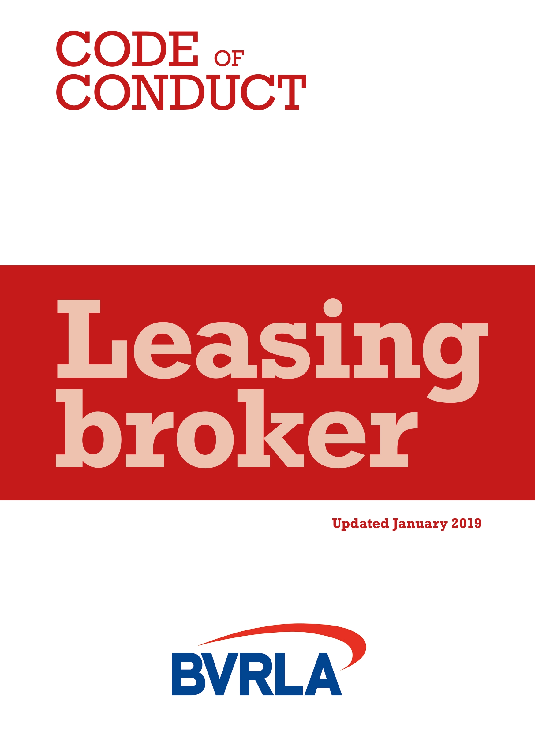Front cover of the B V R L A's Leasing Broker Code of Conduct