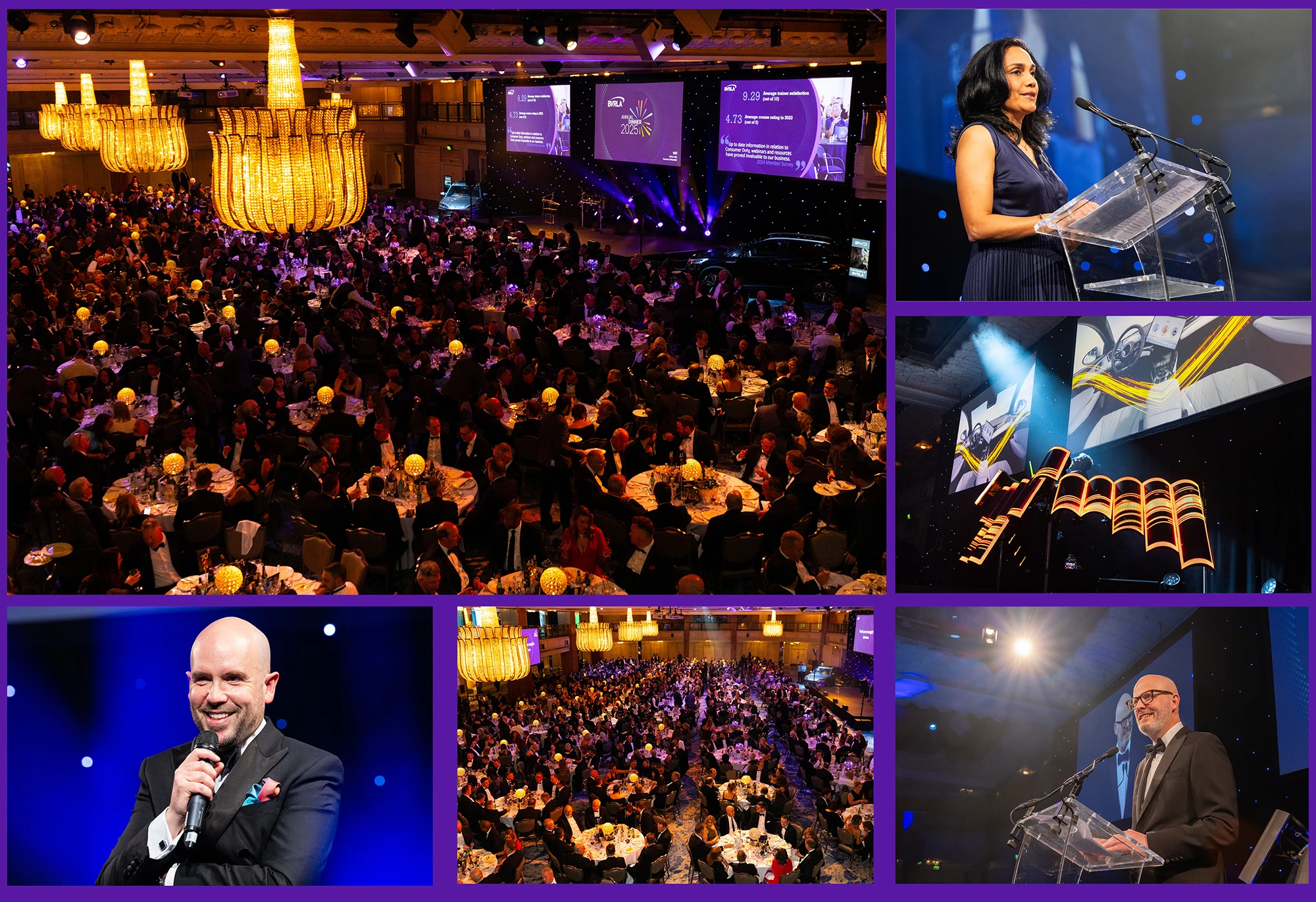Montage of images from the B V R L A's Annual Dinner in 2025. Image depict a large hall with 850 guests in black tie, plus speakers including Toby Poston, Lakshmi Moorthy, and Tom Allen