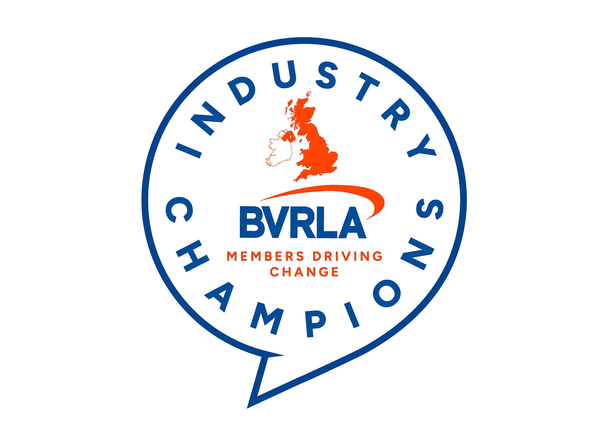 Logo for BVRLA Industry Champions - map of UK, BVRLA logo and wording saying Members Driving Change