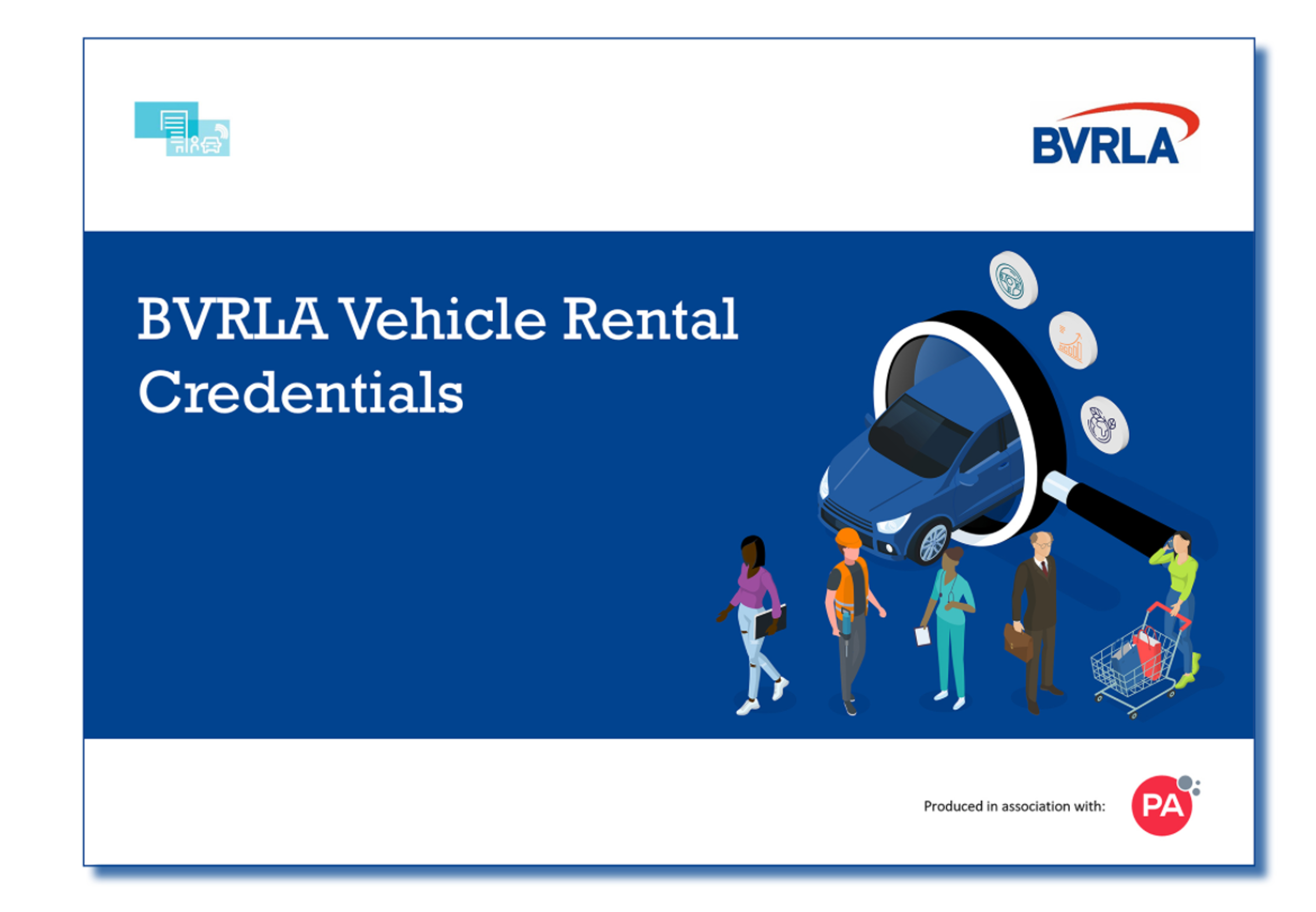Front cover of the Rental Credentials report, showing an illustration of different types of people in front of a car under a magnifying glass