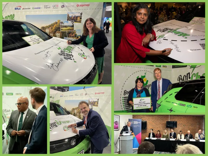 A collage of meetings and signings of branded electric car at Labour Party Conference 2025