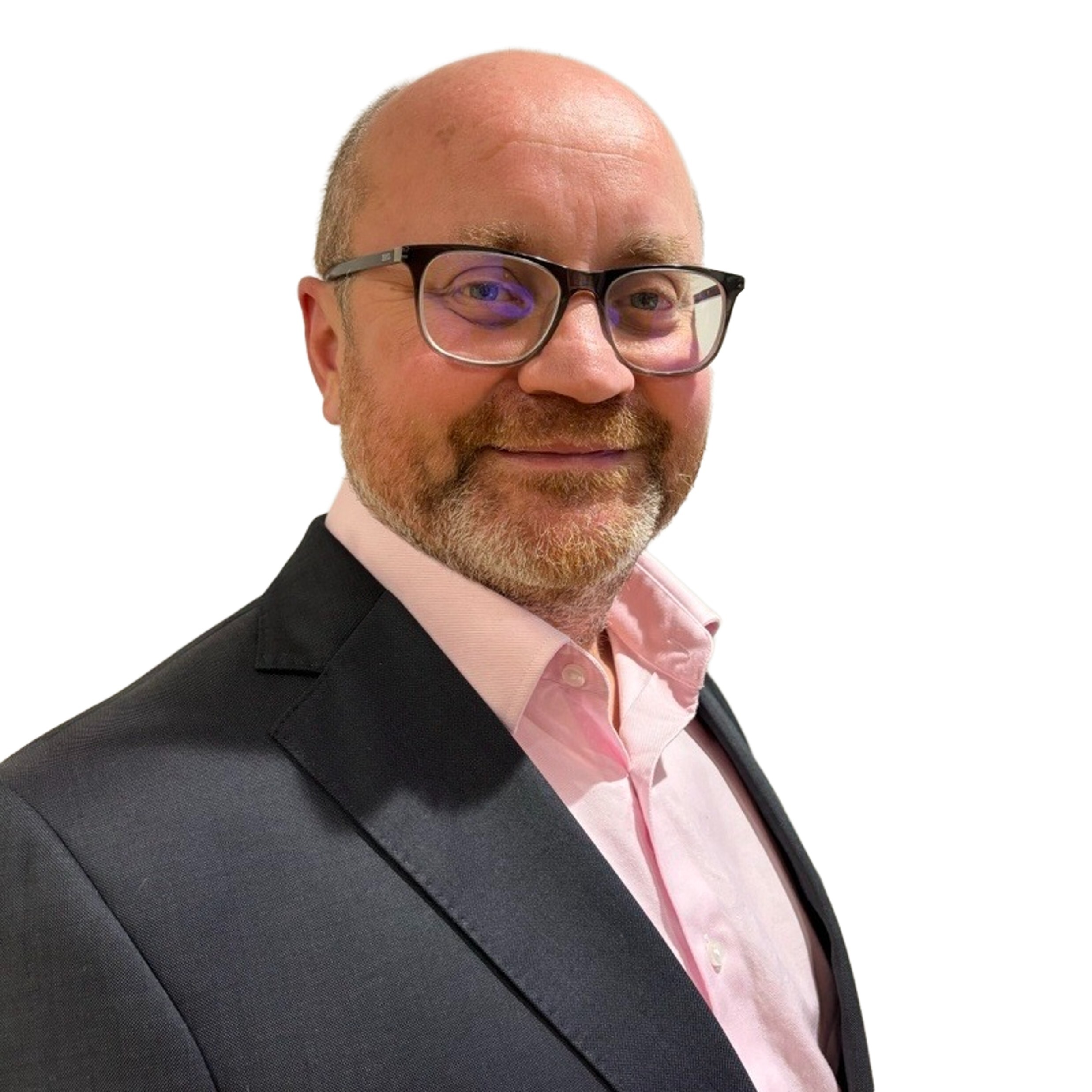 Headshot of Jason Brown on a white background. Jason is wearing glasses, a smart pink shirt and dark suit jacket