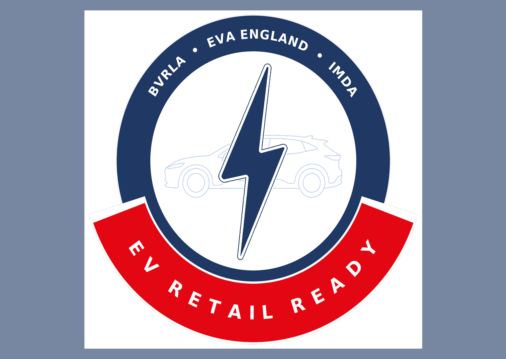 Dark blue and red logo for EV Retail Ready, showing car and lightening bolt in the middle, with blue background